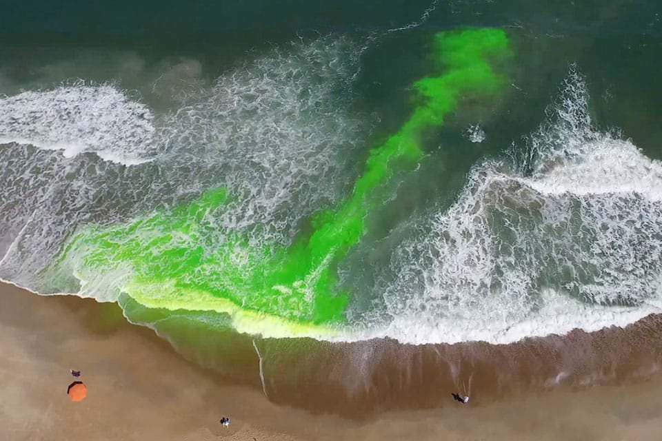 This image shows a rip current using a harmless green dye. Rip currents are powerful, narrow channels of fast-moving water that are prevalent along the East, Gulf, and West coasts of the U.S., as well as along the shores of the Great Lakes. Moving at speeds of up to eight feet per second, rip currents can move faster than an Olympic swimmer.