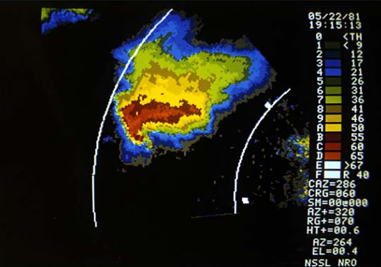 Reflectivity display from a tornadic storm on 5/22/1981.