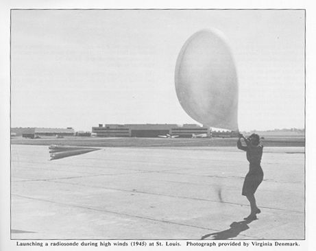 Launching a radiosonde during high winds in St. Louis, 1945