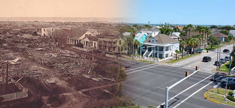 A split view of Galveston’s Broadway Street – in September 1900 and today.  Photo courtesy of Galveston Historical Foundation.