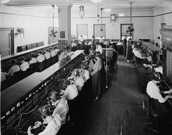 Early telephone switchboard. Library of Congress photo.