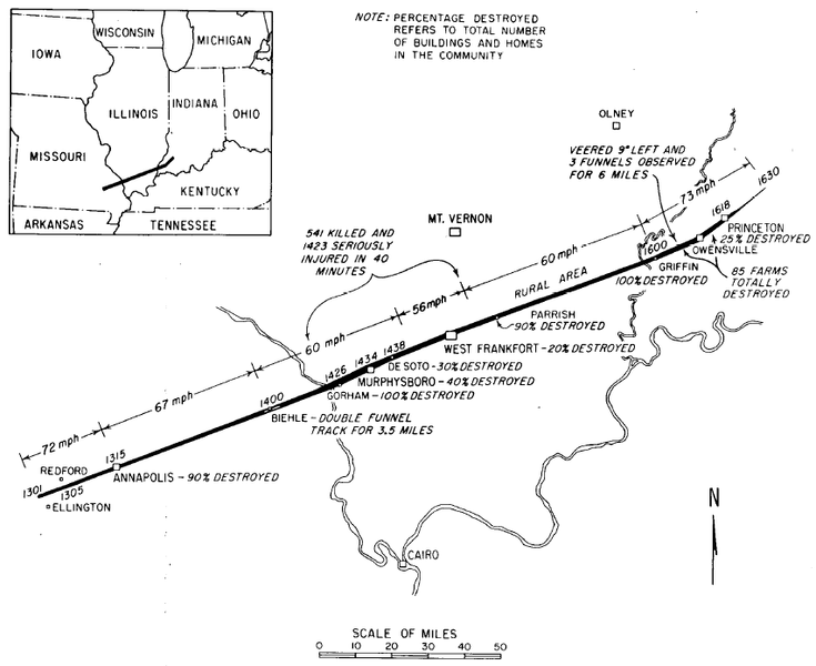 Tri-State Tornado map, from Wilson and Changnon, 1971