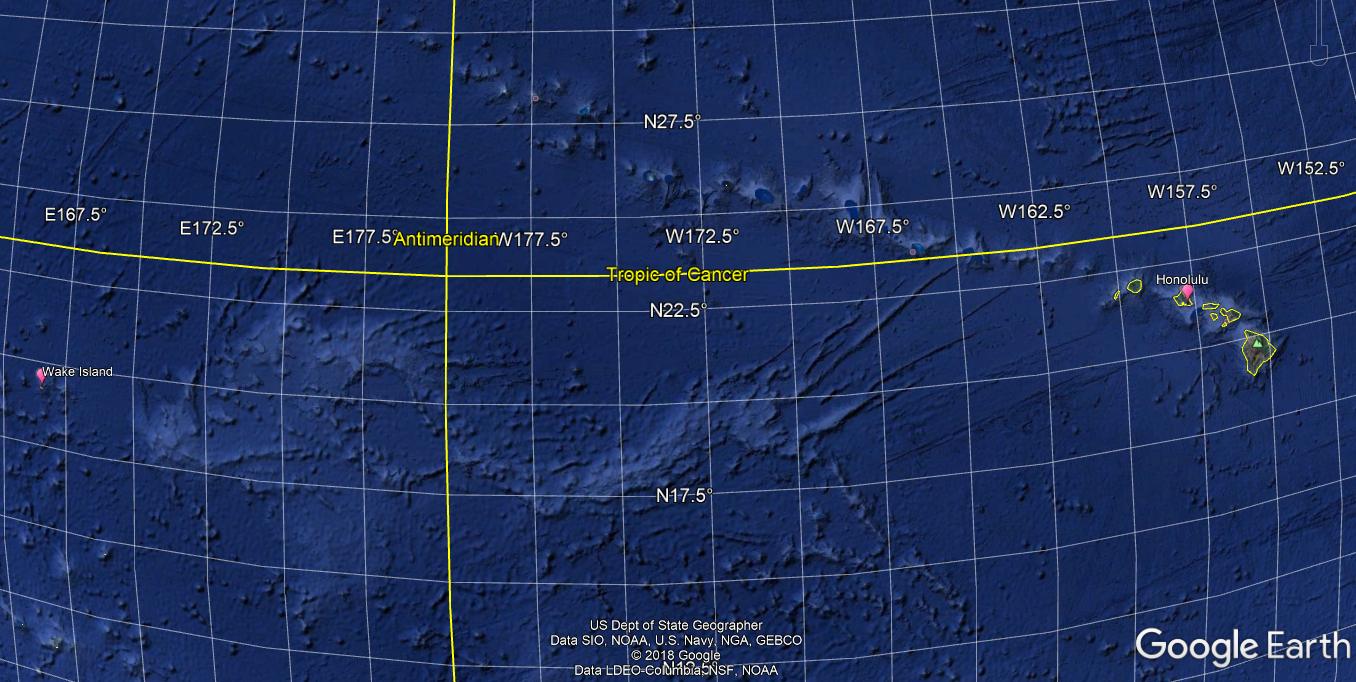 Wake Island in relation to Hawaii. Image from Google Earth