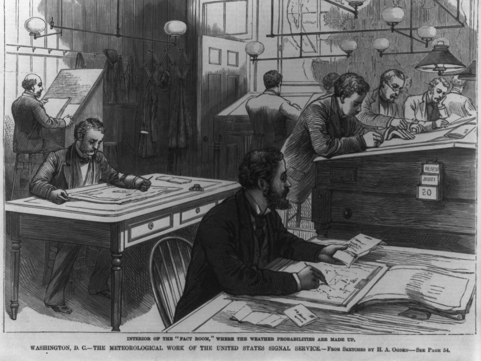 Illustration of men doing meteorological work of the United States Signal Service in 1881. The woodcut illustration shows the interior of the “Fact Room,” where the weather probabilities were made