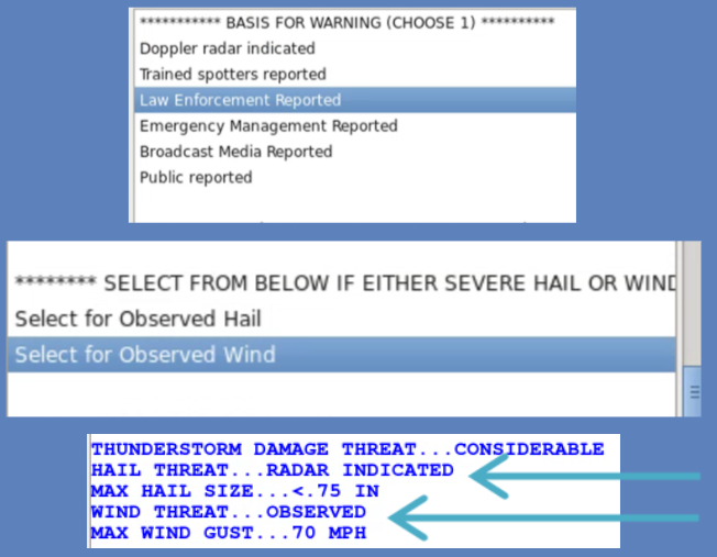 The 'Select for Observed Wind' choice changing the WIND THREAT to OBSERVED with HAIL THREAT RADAR INDICATED.