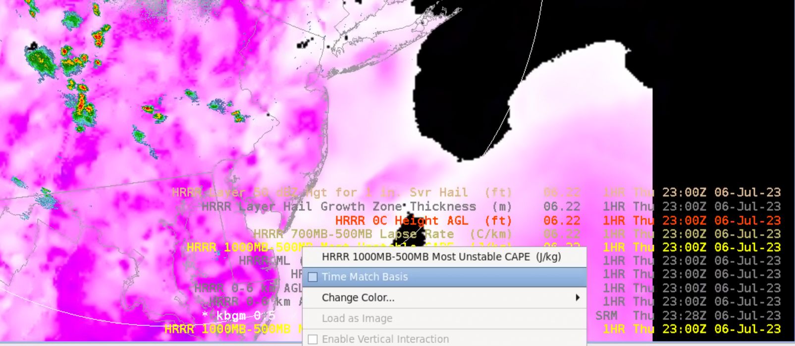 Overlaying HRRR MUCAPE (with Load as image) and combining with radar data at 23z.