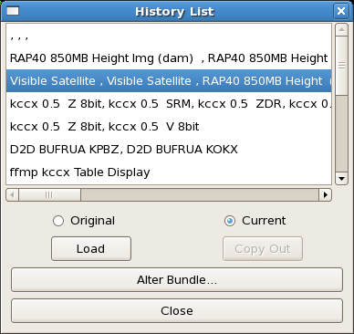 The History List GUI for loading most recently used bundles