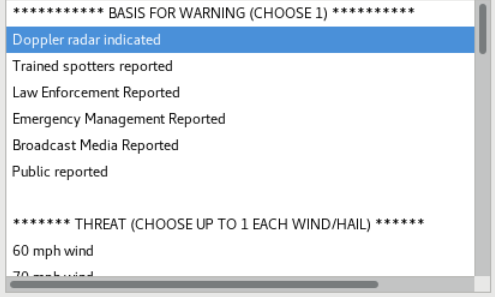 WarnGen GUI main area the forecaster uses to select basis, threat intensities, calls to action, etc.