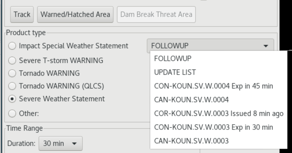 The pulldown menu in the top of the Product type section showing VTEC actions allowed for the Severe Weather Statement selected.