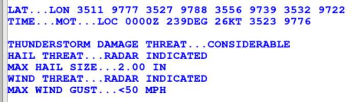 Severe thunderstorm warning IBW tags.