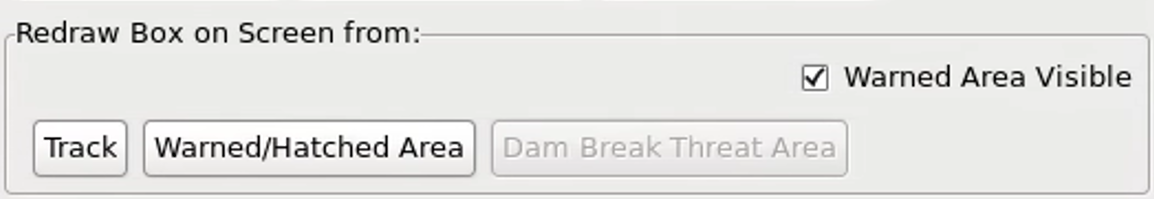The Track button, Warn/Hatached Area button, Dam Break Threat Area button, and Warned Area Visible checkbox.