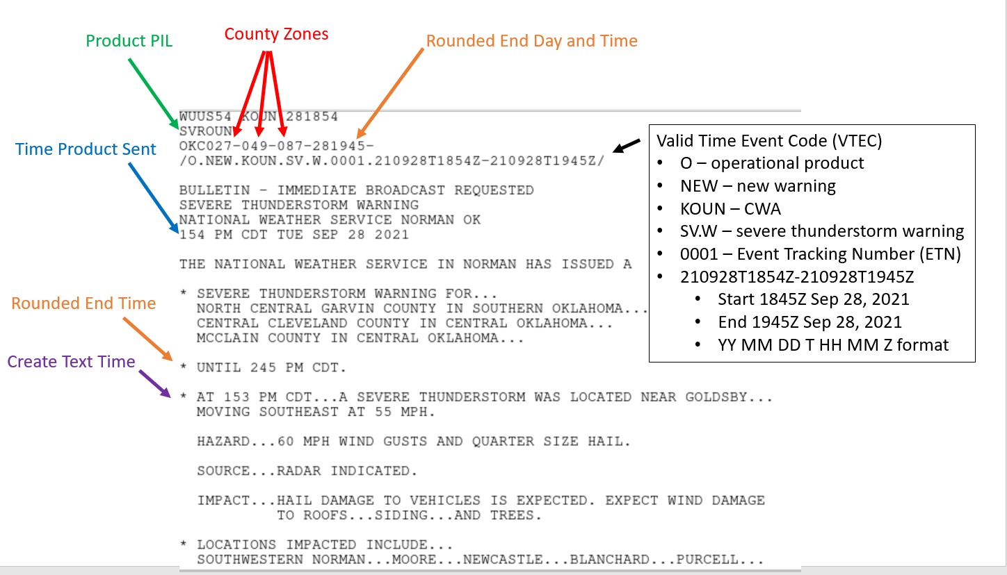 Severe thunderstorm warning product with VTEC header, Create Text time, product sent time, and the rounded end time.