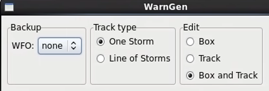 The Backup, Track type, and Edit entries at the top of the WarnGen GUI.