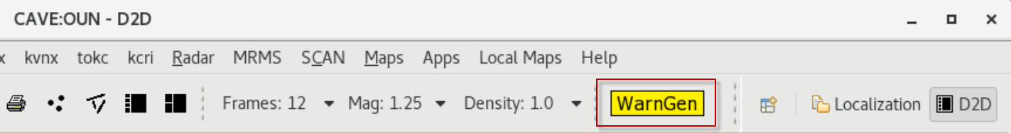 The yellow WarnGen button in the CAVE D2D toolbar