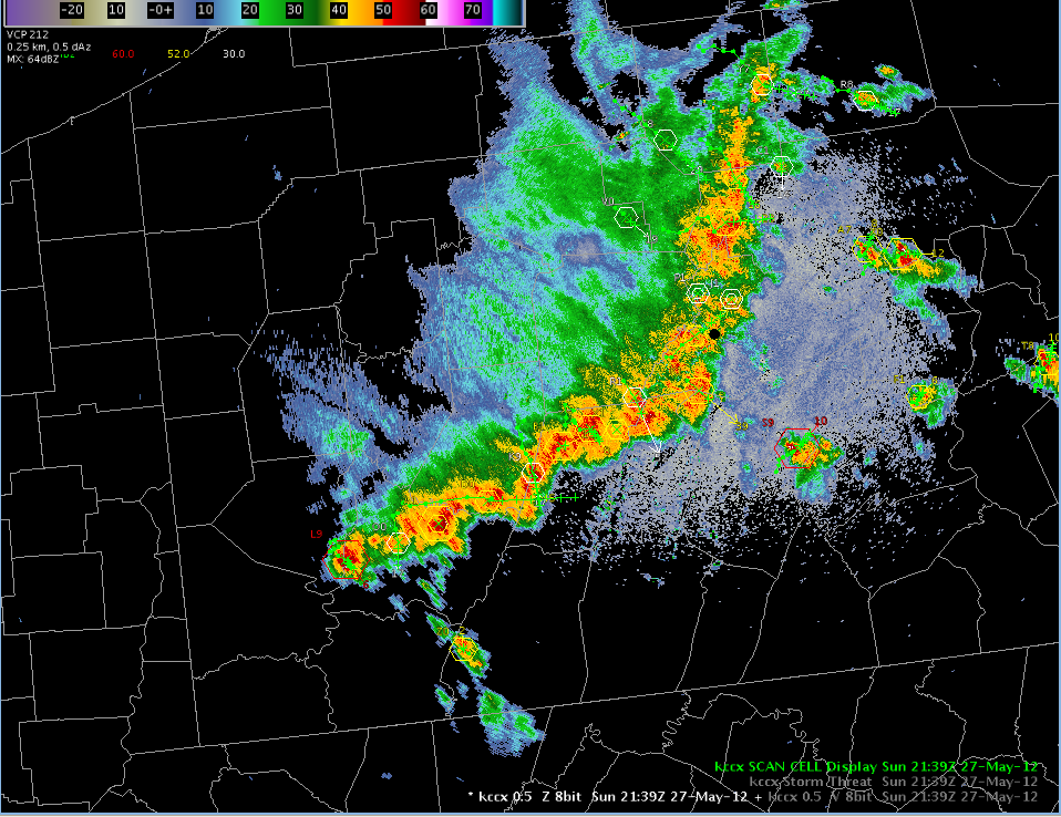 An example of the SCAN product overlaid on radar data. Some SCAN table data can be represented in D-2D with symbols overlaid on data to assist in storm monitoring, as shown above.