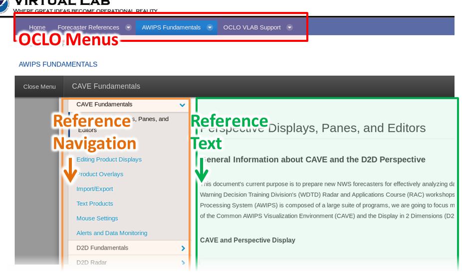 A view of the AWIPS Fundamentals reference, accessible via VLAB. This is a custom-designed page with discussions and jobsheets for many capabilities of AWIPS