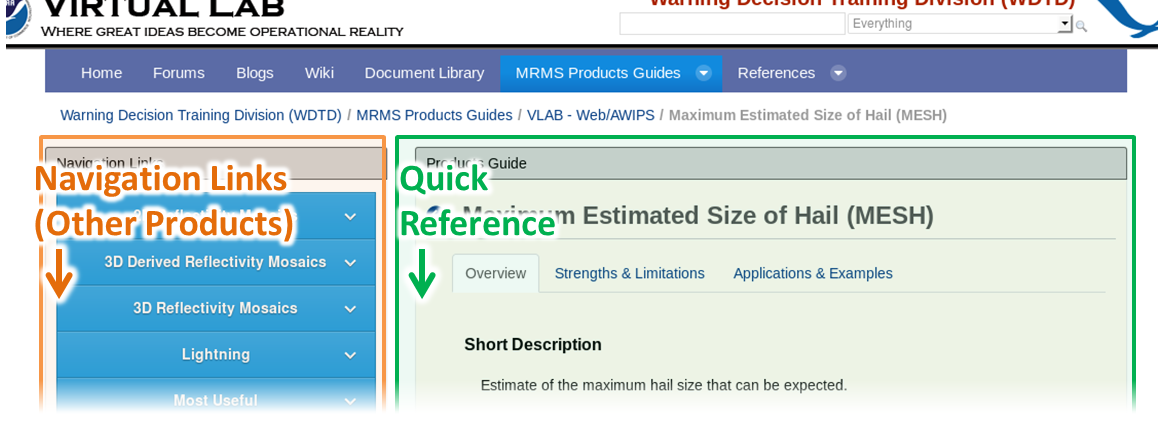 An example view of the custom-designed quick-reference guide for MRMS products, in this case showing MESH. Each page contains an overview of the selected product, and a navigation menu for browsing other products.