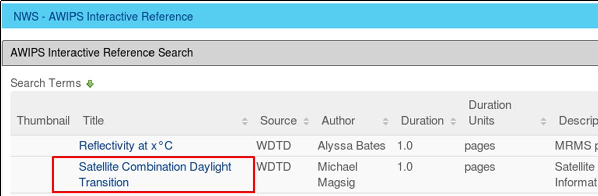 An example of the AIR search results returned in VLAB, in this case for a visible satellite product