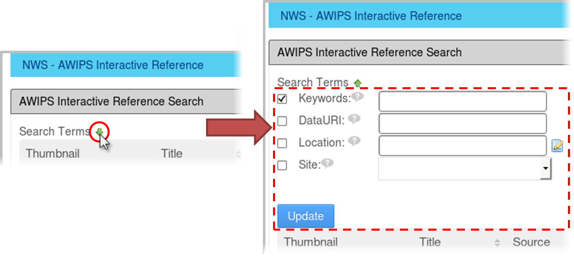 Toggling the visibility of the search terms on the VLAB AIR page by clicking on the green arrow next to "Search Terms"