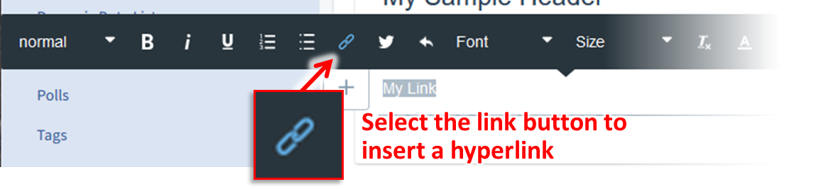 Click on the "Link" icon in the formatting bar to add a hyperlink