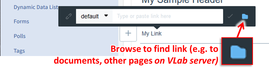 Click on the folder icon in the link creation popup to browse for VLab content