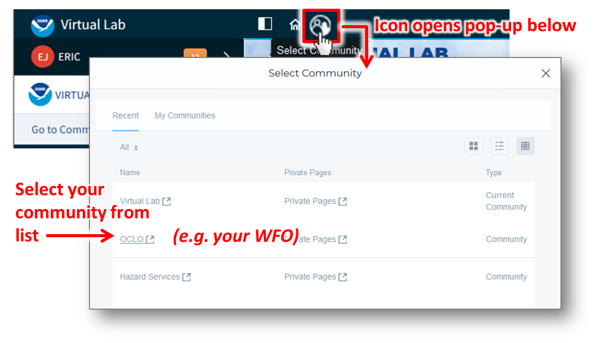 Select your community from the "Select Community" pop-up window which appears after clicking the community icon in your control menu