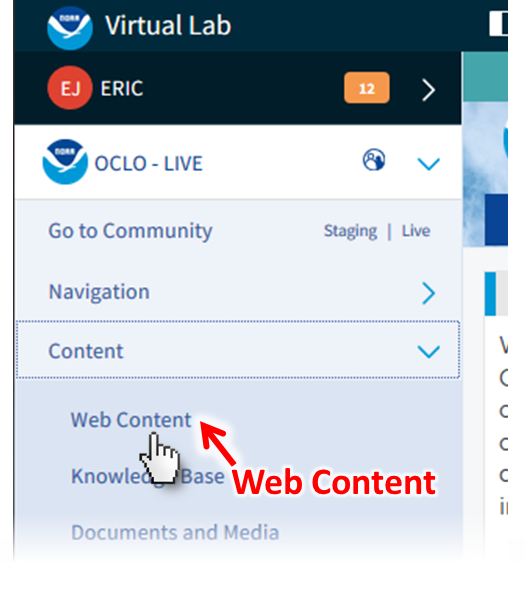 Select "Web Content" (the first item in the "Content" menu) to administer web content