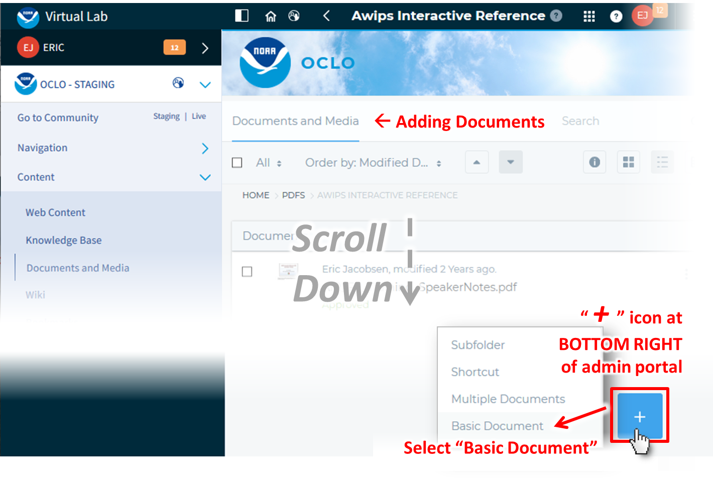 Click the "+" button at the bottom-right of the Documents and Media administration page, and select "Basic Document" to create upload a document