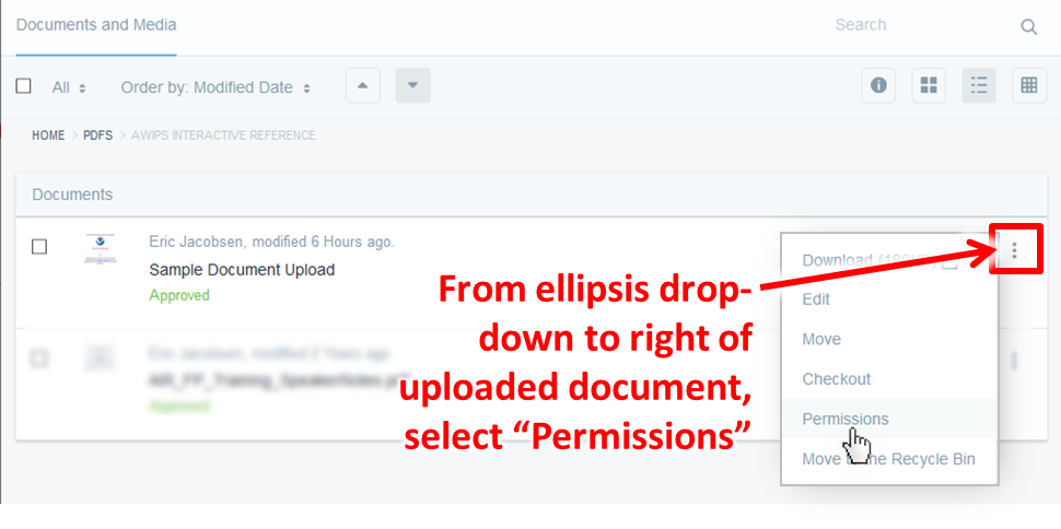 From the drop-down accessed by clicking on the ellipsis icon to the right of your document, select "Permissions"