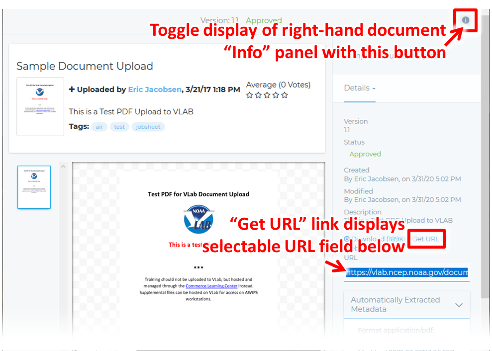 Select the "Get URL" link to display a URL which can be linked to for a direct browser preview of certain documents, like PDFs