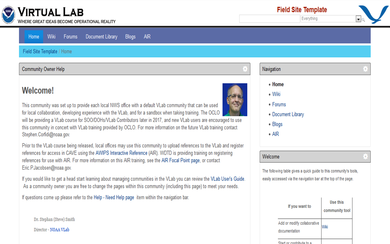 Example of the community landing page for the default VLab communities for NWS field offices