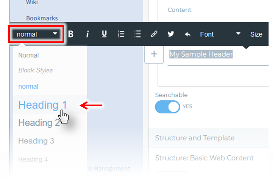 Selecting a header style for body content, using the visual editor for Web Content