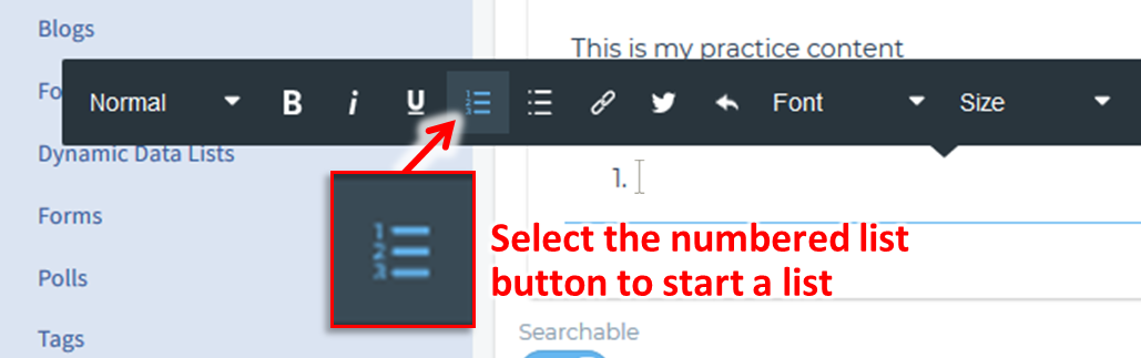 Beginning a numbered list in the body content, using the visual editor for Web Content