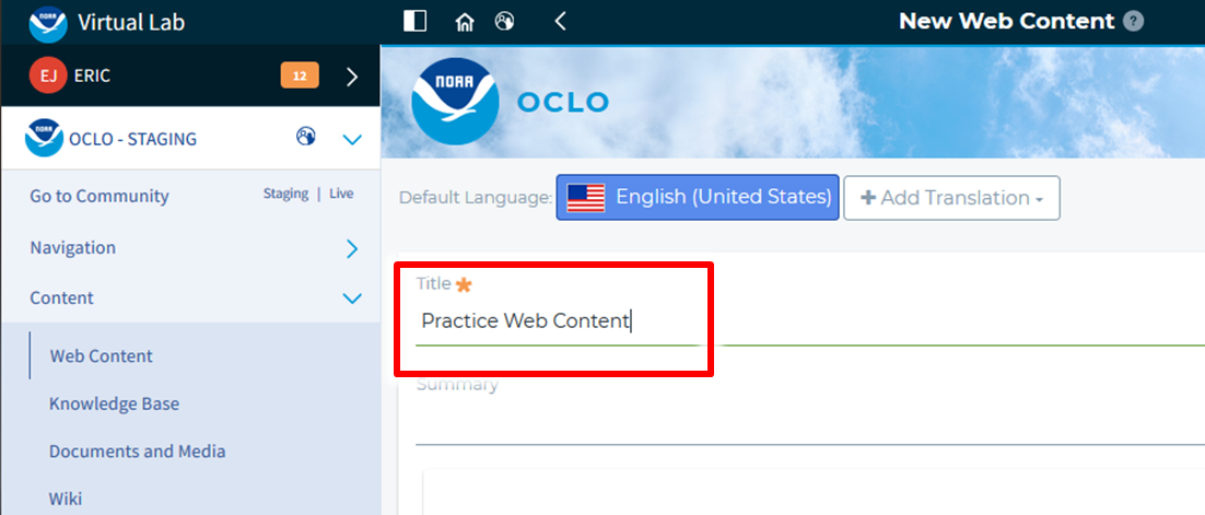 Add a title for the new Web Content