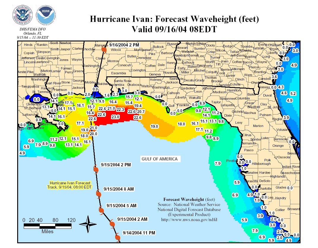 Figure 1: Forecast wave height along the shore of the Gulf of Mexico during Hurricane Ivan