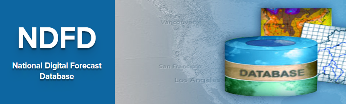 The National Digital Forecast Database (NDFD) is a suite of gridded forecasts of sensible weather elements (e.g., cloud cover, maximum temperature).