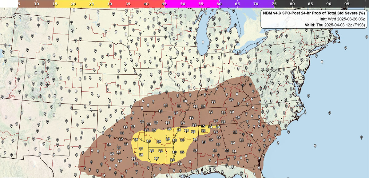 NBM v4.3 SPC-Post 24-hr Prob of Total Std Severe Init: Wed 2025-03-26 06z