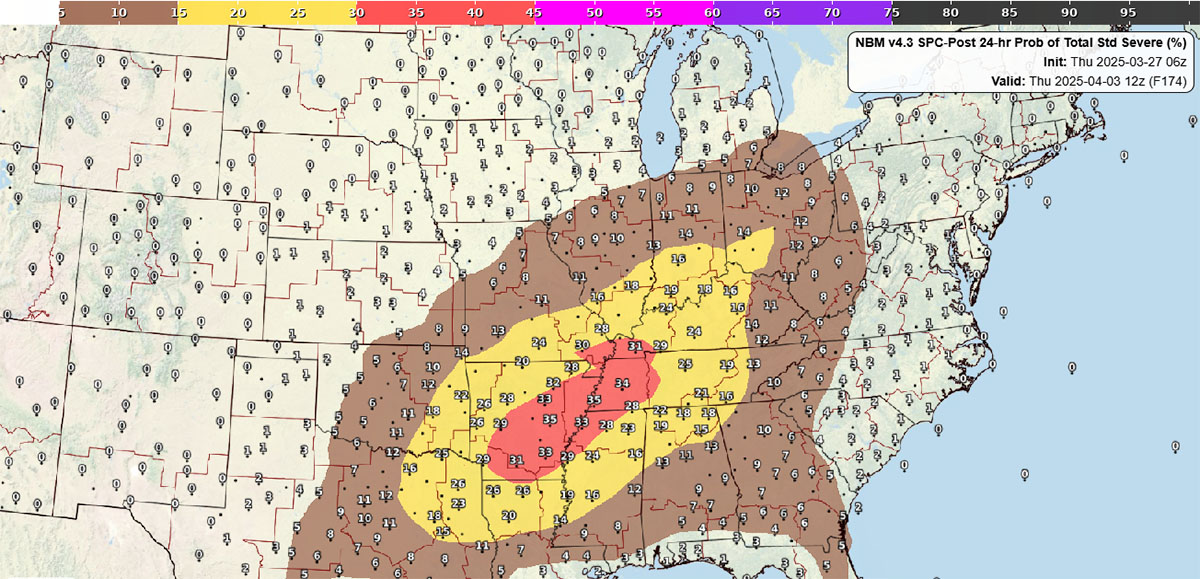 NBM v4.3 SPC-Post 24-hr Prob of Total Std Severe Init: Thur 2025-03-27 06z