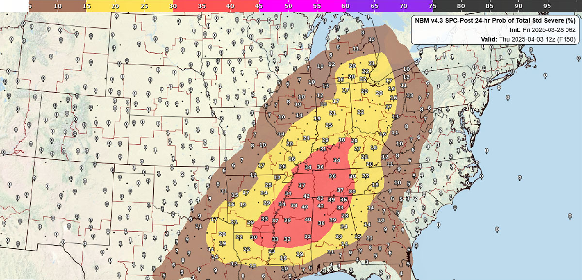 NBM v4.3 SPC-Post 24-hr Prob of Total Std Severe Init: Fri 2025-03-28 06z