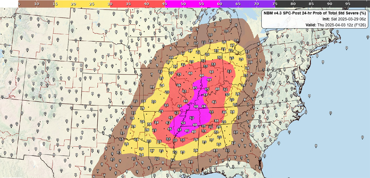 NBM v4.3 SPC-Post 24-hr Prob of Total Std Severe Init: Sat 2025-03-29 06z