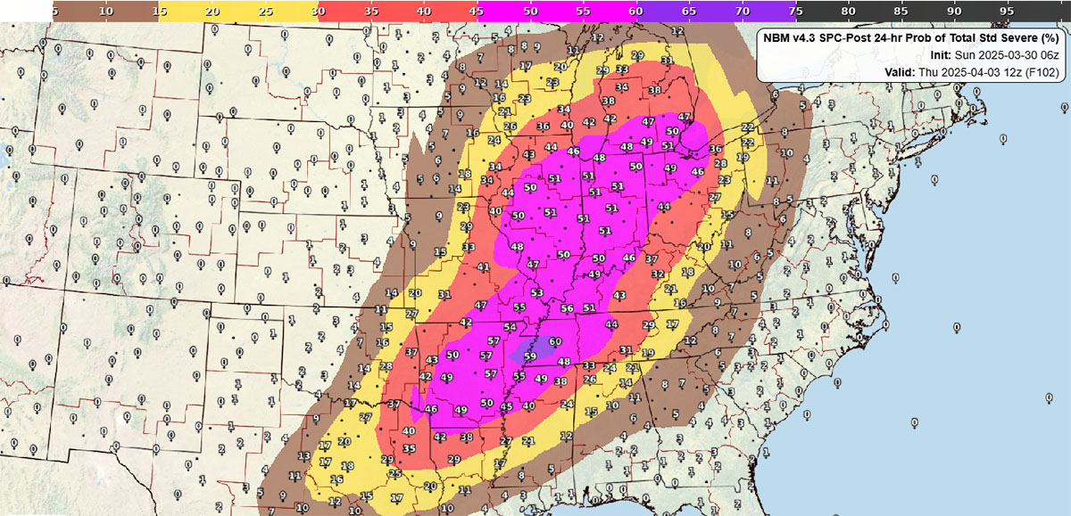 NBM v4.3 SPC-Post 24-hr Prob of Total Std Severe Init: Sun 2025-03-30 06z