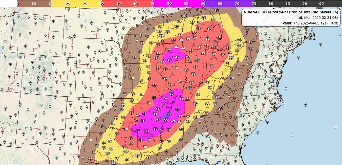 NBM v4.3 SPC-Post 24-hr Prob of Total Std Severe Init: Mon 2025-03-31 06z