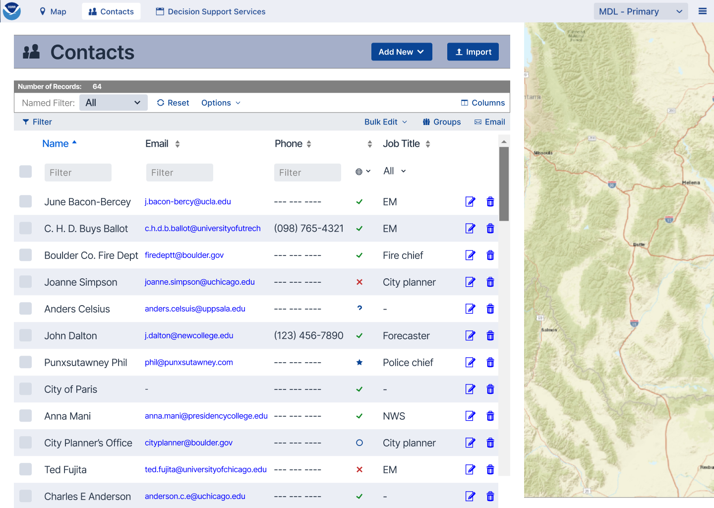 Screenshot of NWS Connect Decision Support Services and Contacts page