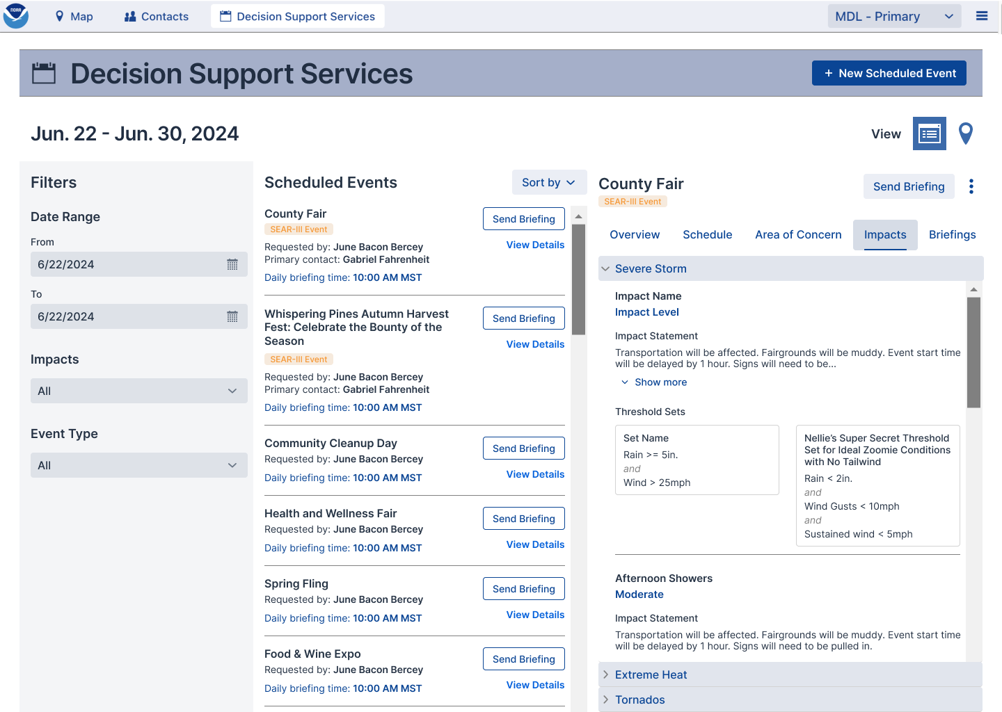 Screenshot of NWS Connect Decision Support Services and Contacts page