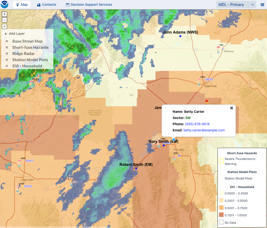 Map: overlaying partner location information with the integration of Social Vulnerability Index (SVI) and radar in the NWS Connect map.