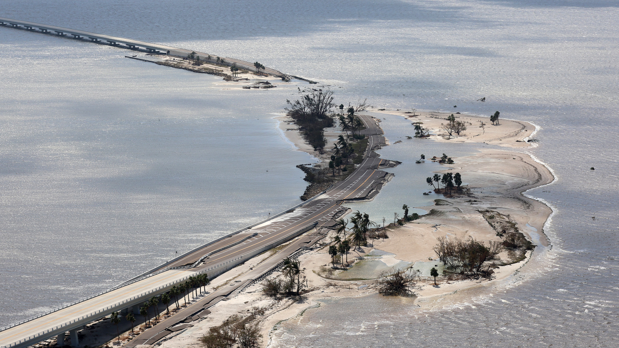 In this aerial view, parts of Sanibel Causeway are washed away along with sections of the bridge after Hurricane Ian passed through the area on September 29, 2022 in Sanibel, Florida. The hurricane brought high winds, storm surge and rain to the area causing severe damage. (Image credit: Getty images)