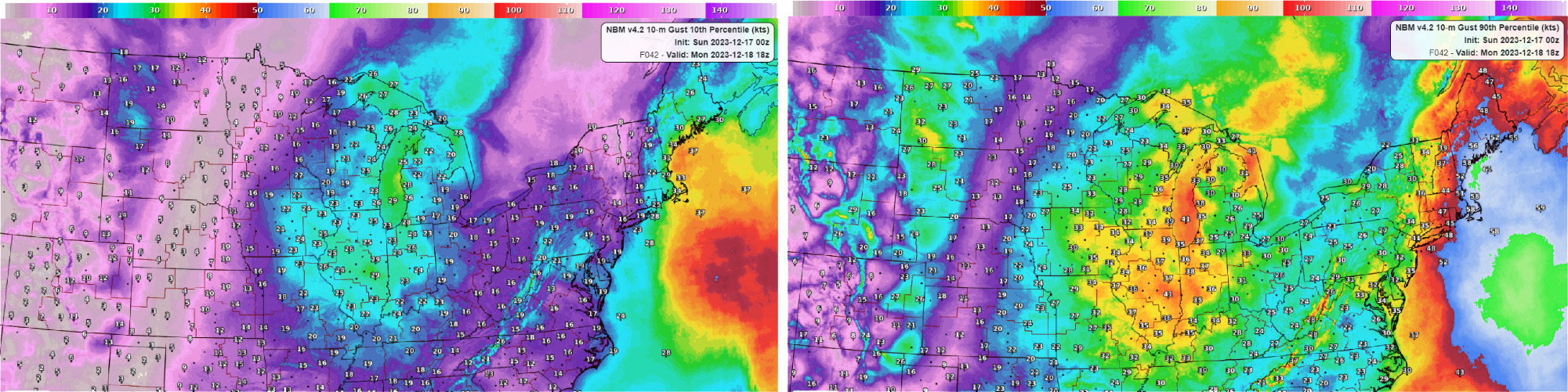 NBM v4.2 42-hour forecasts of the 10th (left) and 90th (right) percentiles for the 10-m wind speed forecast valid 1800 UTC 18 December 2023