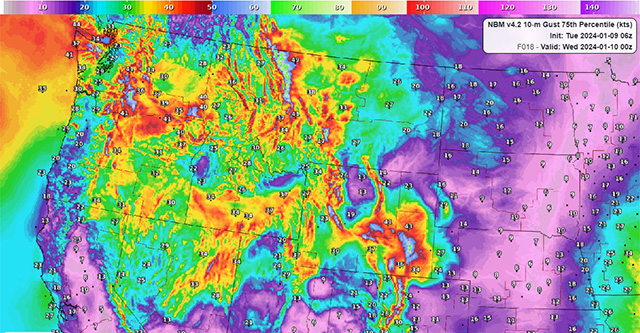 NBM v4.2  10-m Gust 75th percentile (kts), Init: Tue 2024-01-09 06z, F018 - Valid: Wed 2024-01-10 00z wind speed valid 0000 UTC 10 January 2024