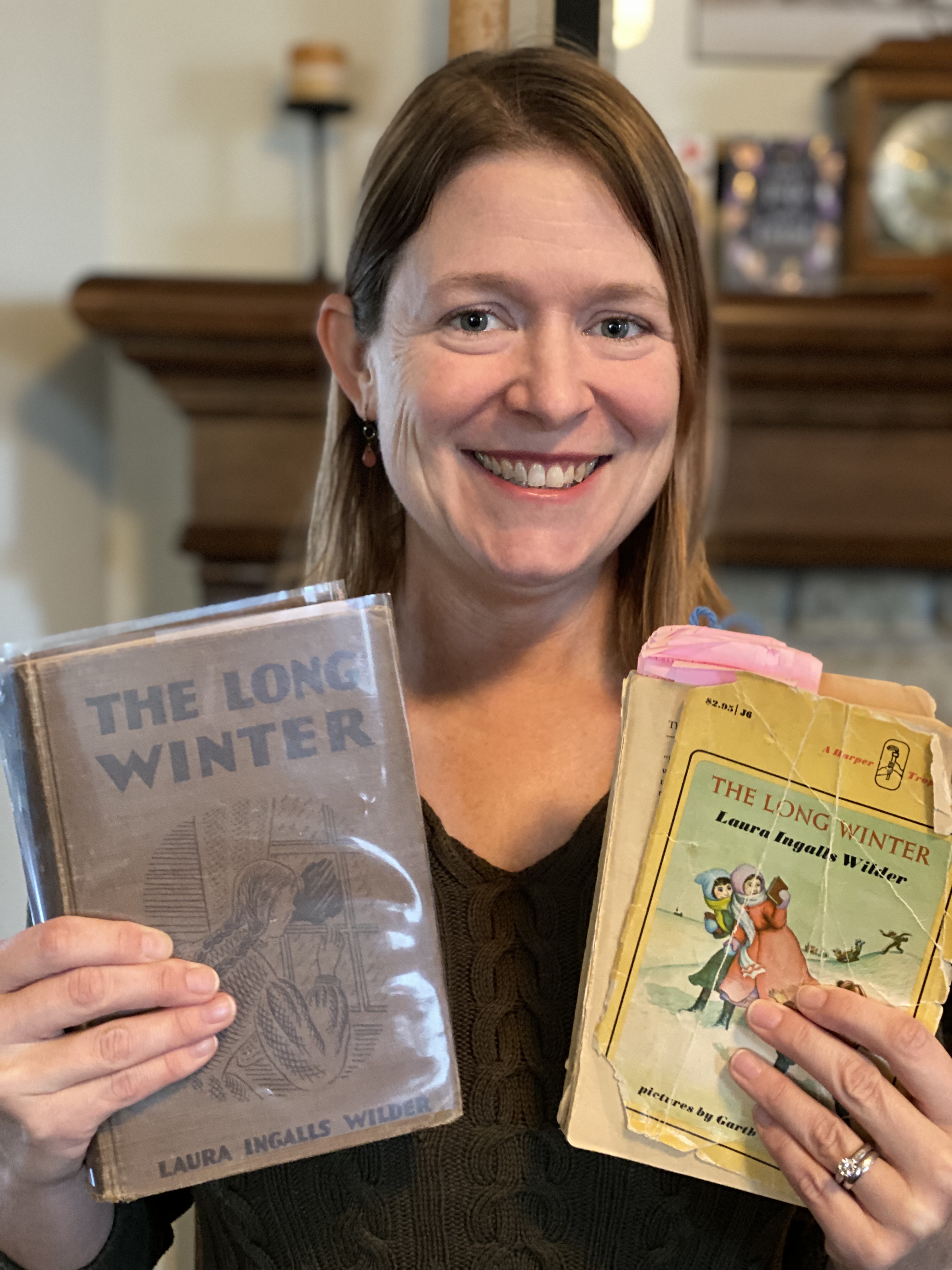 Barb Mayes Boustead and her original and 'working' copies of Laura Ingalls Wilder's The Long Winter.