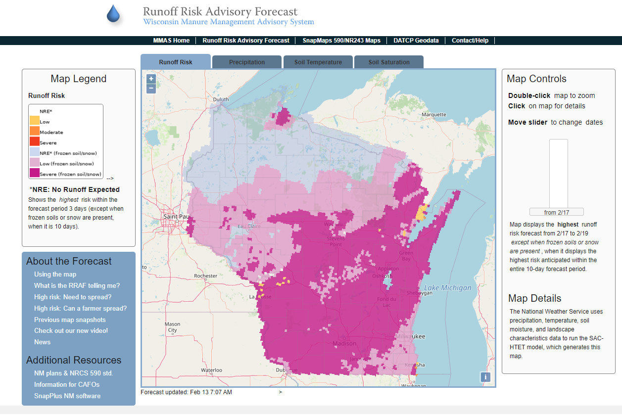Click the link to open the Wisconsin Runoff Risk tool hosted by the University of Wisconsin and the Wisconsin Department of Agriculture, Trade and Consumer Protection